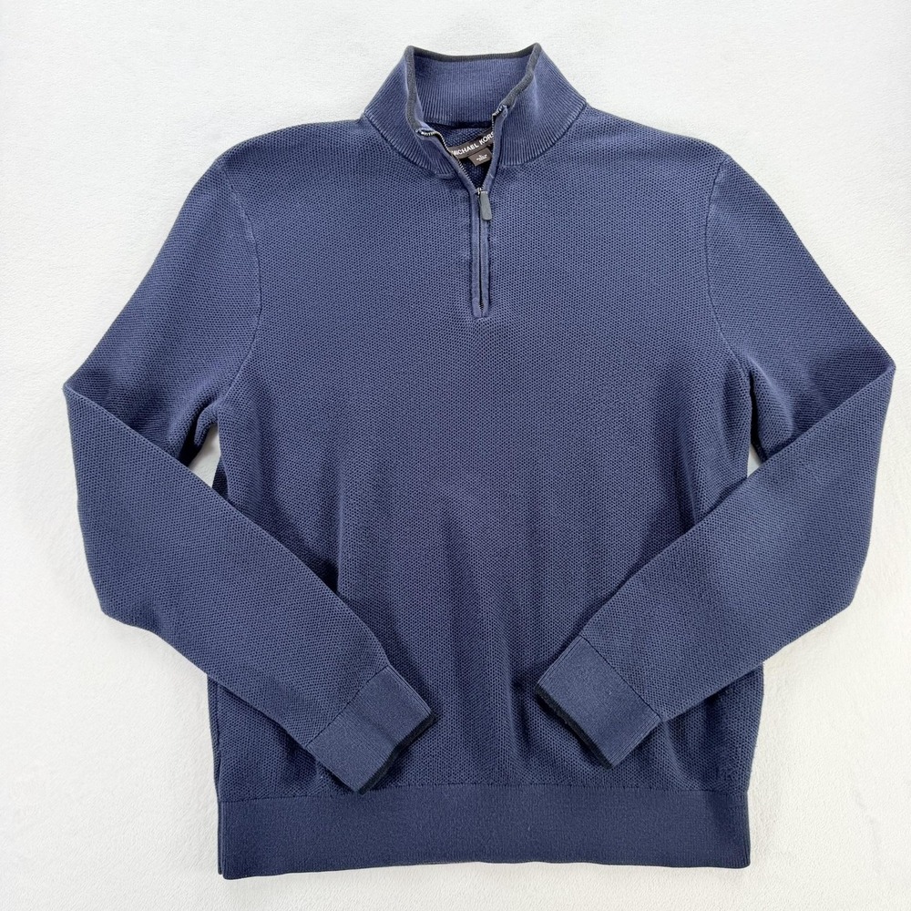 Michael Kors Sweater Mens Large Blue 1/4 Zip Mock Neck Cotton Waffle Knit